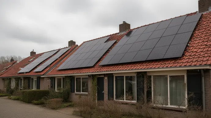 Rij zonnepanelen op een schuin pannendak onder een bewolkte lucht