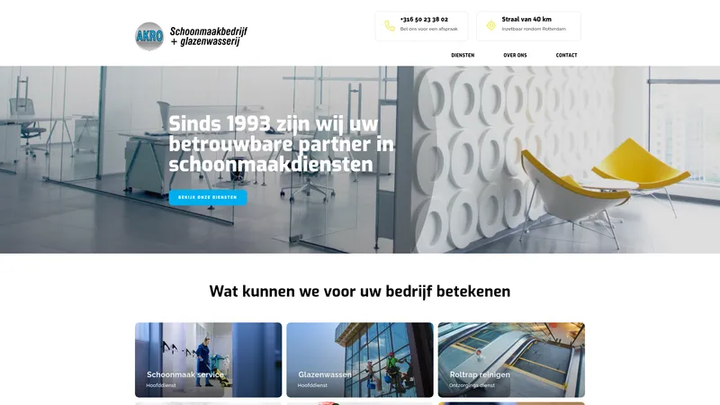 Website van Akro Schoonmaakbedrijf en glazenwasserij