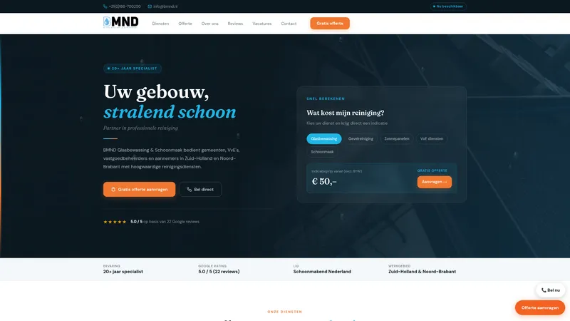 Website van BMND Glasbewassing en Schoonmaak B.V.