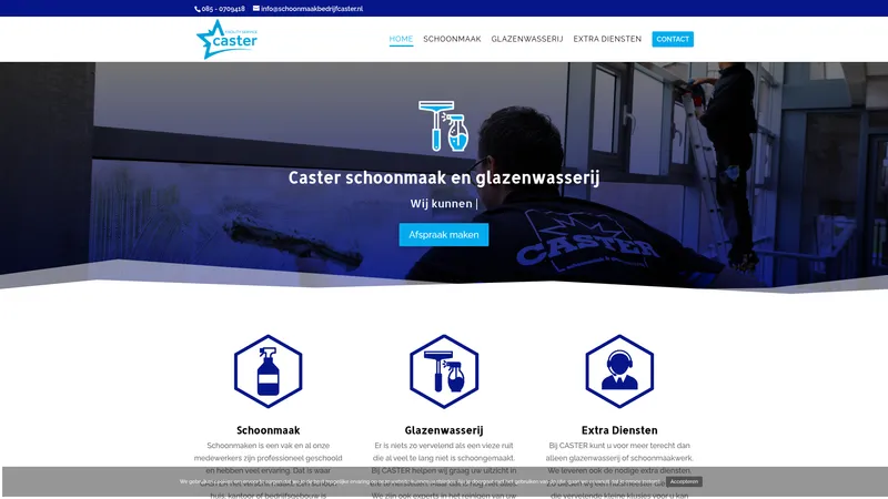Website van Caster schoonmaak & glazenwasserij