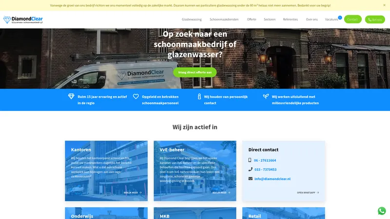 Website van Glazenwas- schoonmaakbedrijf Diamond Clear