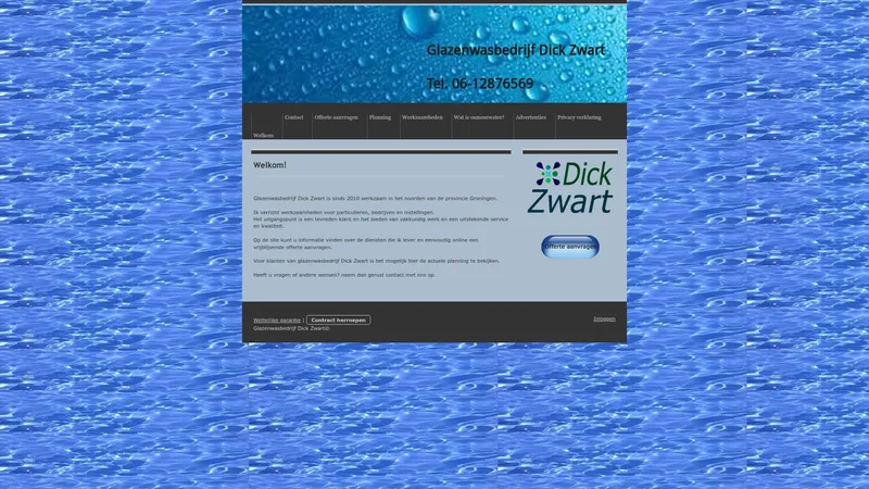 Website van Glazenwasbedrijf Dick Zwart