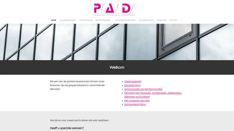 Website van Glazenwasserij/Schoonmaakbedrijf PAD BV locatie Soest