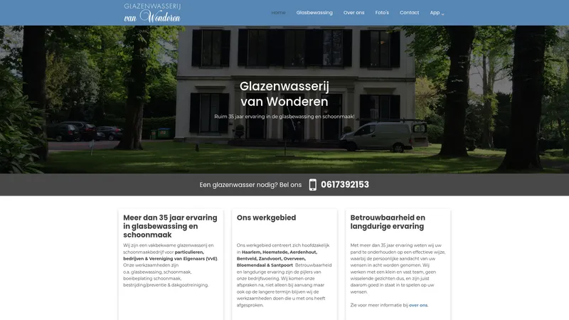 Website van Glazenwasserij van Wonderen