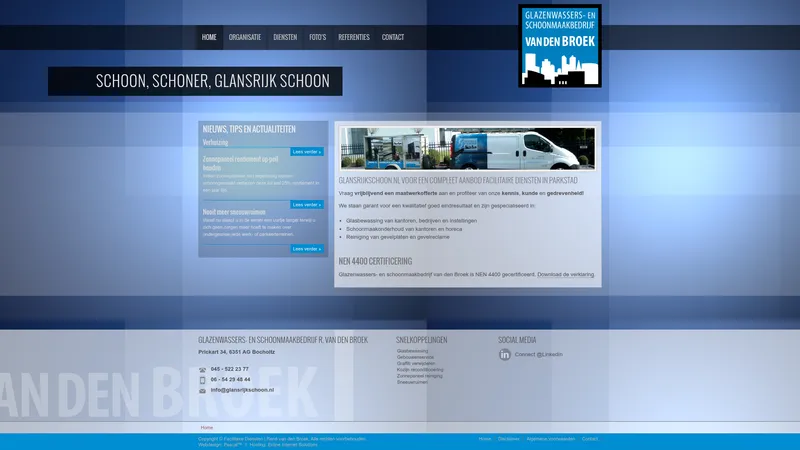 Website van Glazenwassers en Schoonmaakbedrijf R van den Broek BV