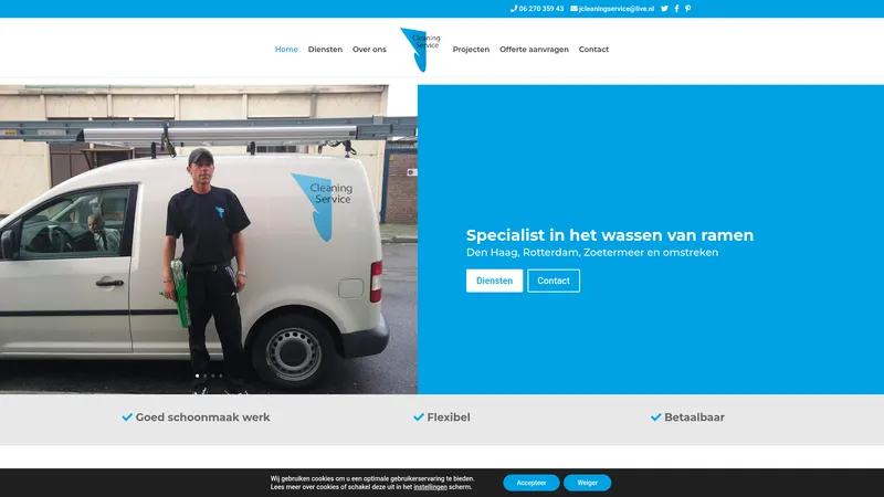 Website van J Cleaning Service Glazenwasserij&schoonmaak