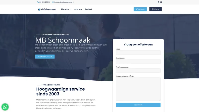 Website van MB schoonmaak en glazenwasserij
