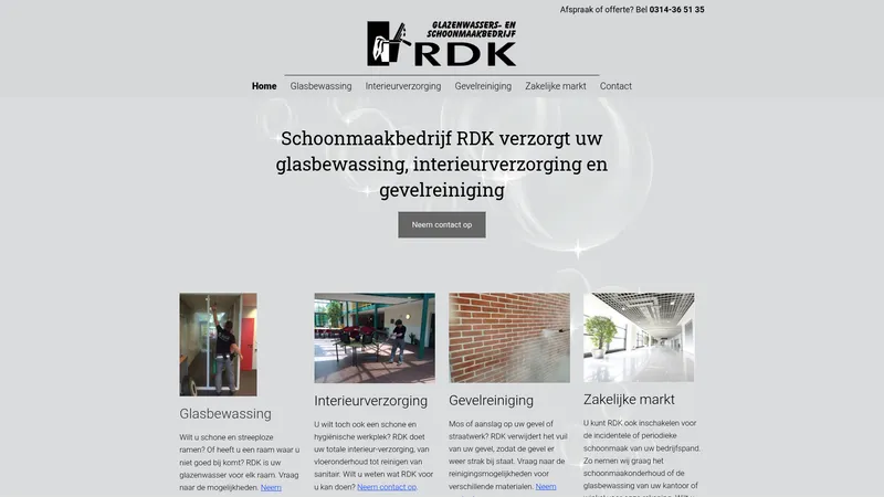Website van RDK Glazenwassers- en schoonmaakbedrijf