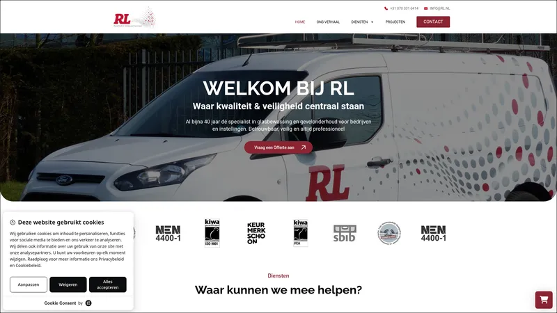 Website van RL Groep - Glazenwasserij - Gevelonderhoud - verhuur