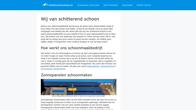 Website van Schitterend schoon | glazenwasser | zonnepanelen reinigen | spinnen bestrijden | tegels schoonmaken | softwash cleaning