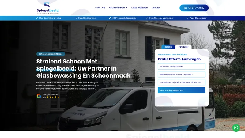 Website van Spiegelbeeld Glasbewassing | Glazenwasser & Softwash Specialist | Regio Breda