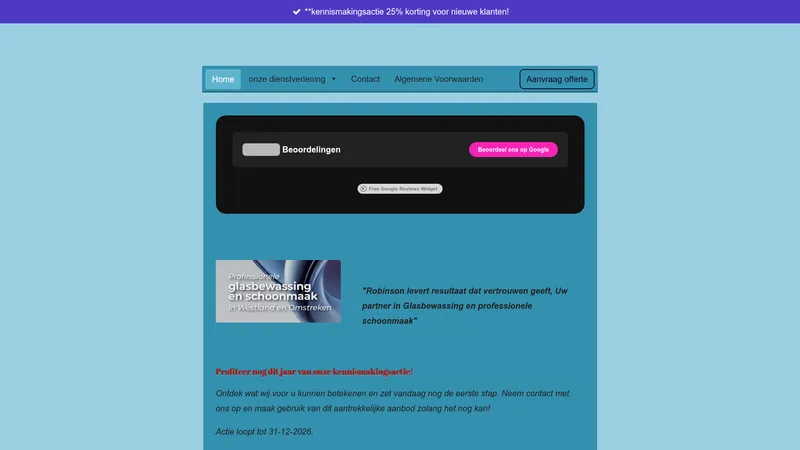 Website van V.o.f Robinson glasbewassing en schoonmaakdiensten
